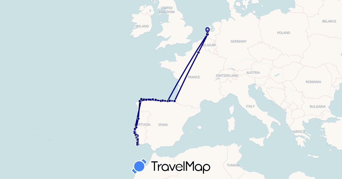 TravelMap itinerary: driving, cycling, hiking in Spain, France, Netherlands, Portugal (Europe)